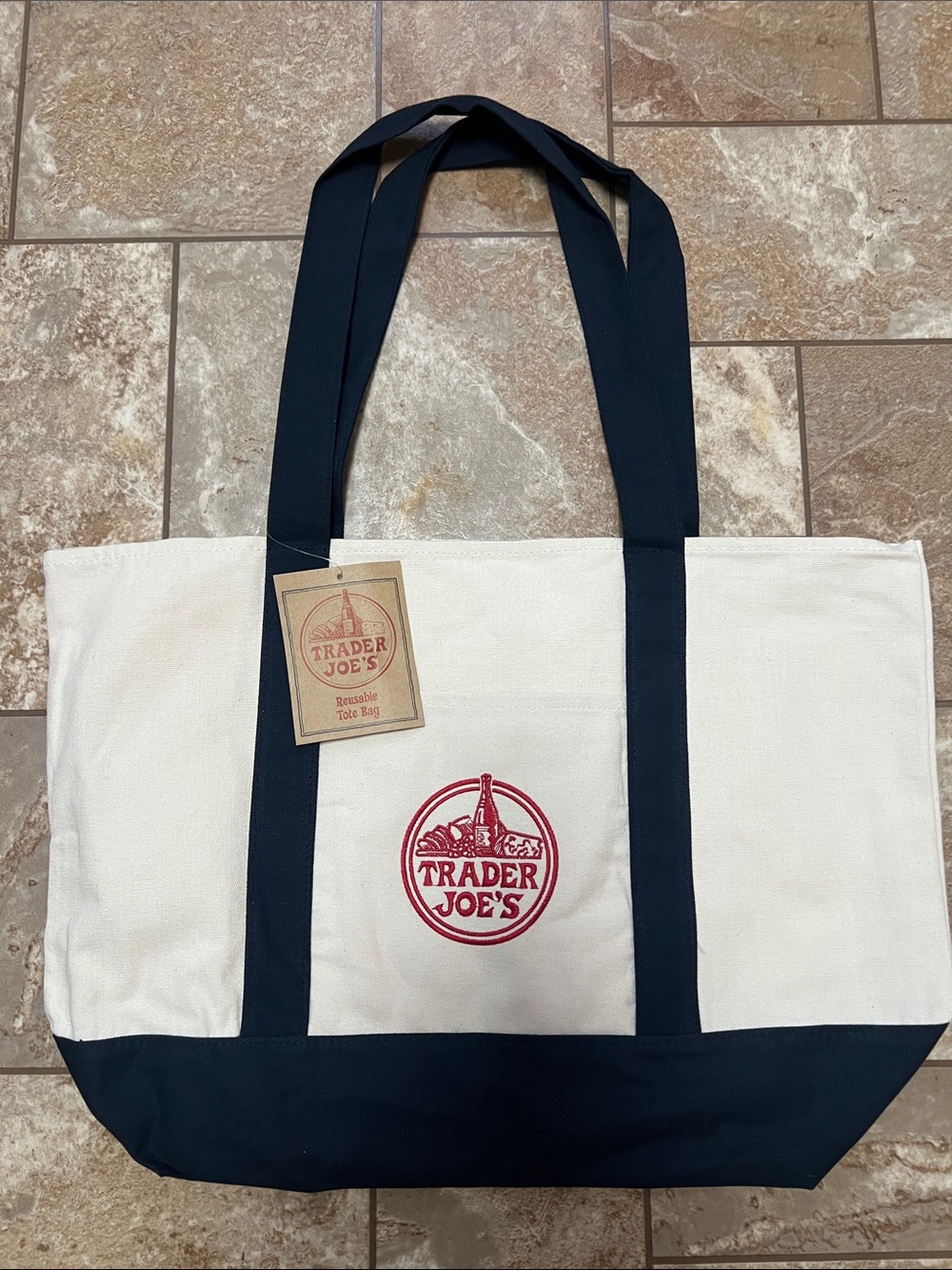 JUST RELEASED!!! 🛒💙🛍️Large Trader Joe's Canvas Tote Bag in Cream and Navy